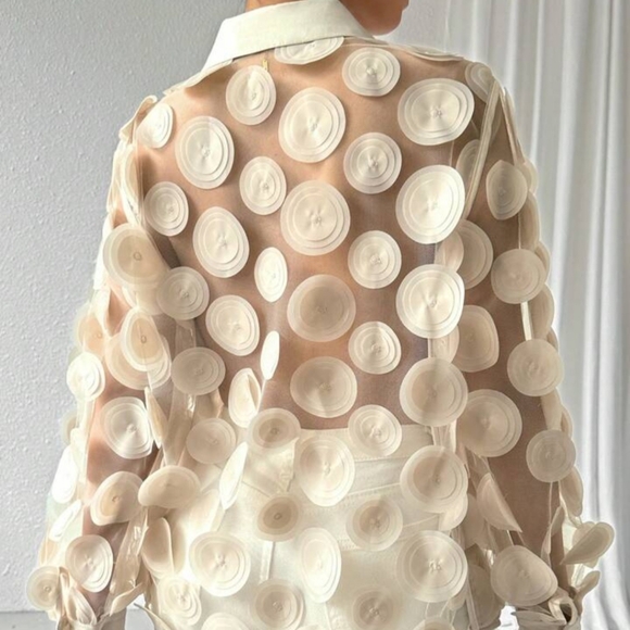 NWT STYLEWE Cream Privé Petal Details Long-Sleeve Chiffon Button-Up Blouse - Picture 6 of 16